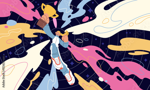 Recognition of people. Concept award employee. Achievement of human. Personal success, triumph myself. Idea psychology. Flying in space woman hold golden cup. Vector cartoon flat isolated illustration