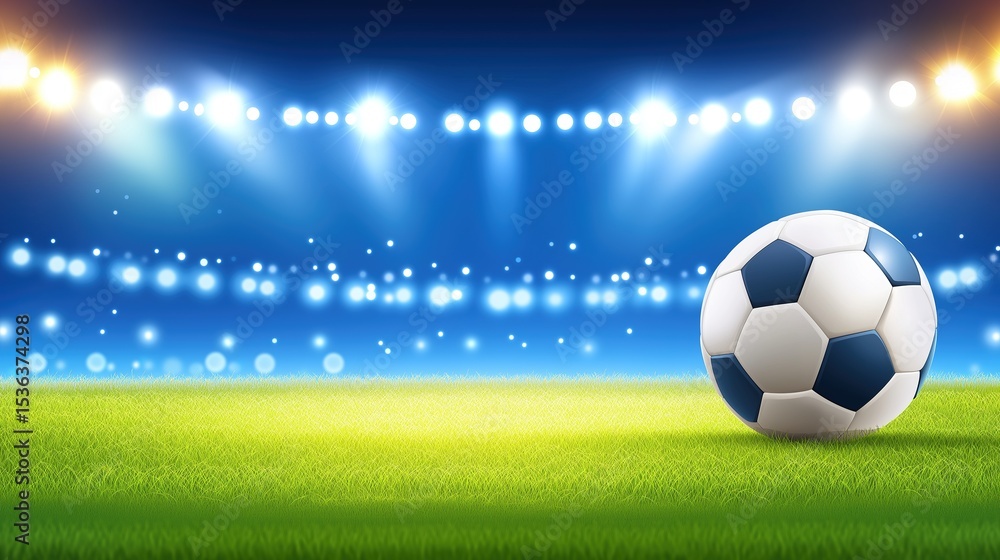 Naklejka premium Soccer Ball on a Stadium Field Under Bright Lights