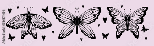 Y2K butterfly tattoo designs with celestial elements - black silhouettes with detailed wings, heart symbols. Retro gothic aesthetic collection for body art, nostalgic fashion graphics.