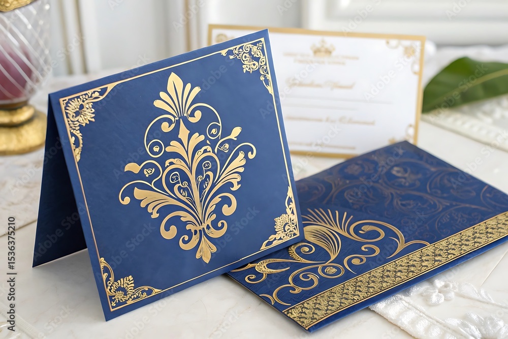 Fototapeta premium Blue card with gold trim and a gold border