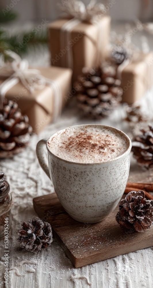 A speckled mug of spiced hot cocoa sits on a wooden board, surrounded by pine cones, cinnamon sticks, and rustic gifts, creating a cozy winter scene A speckled mug of spiced hot cocoa sits on a wooden board, surrounded by pine cones, cinnamon sticks, and rustic gifts, creating a cozy winter scene