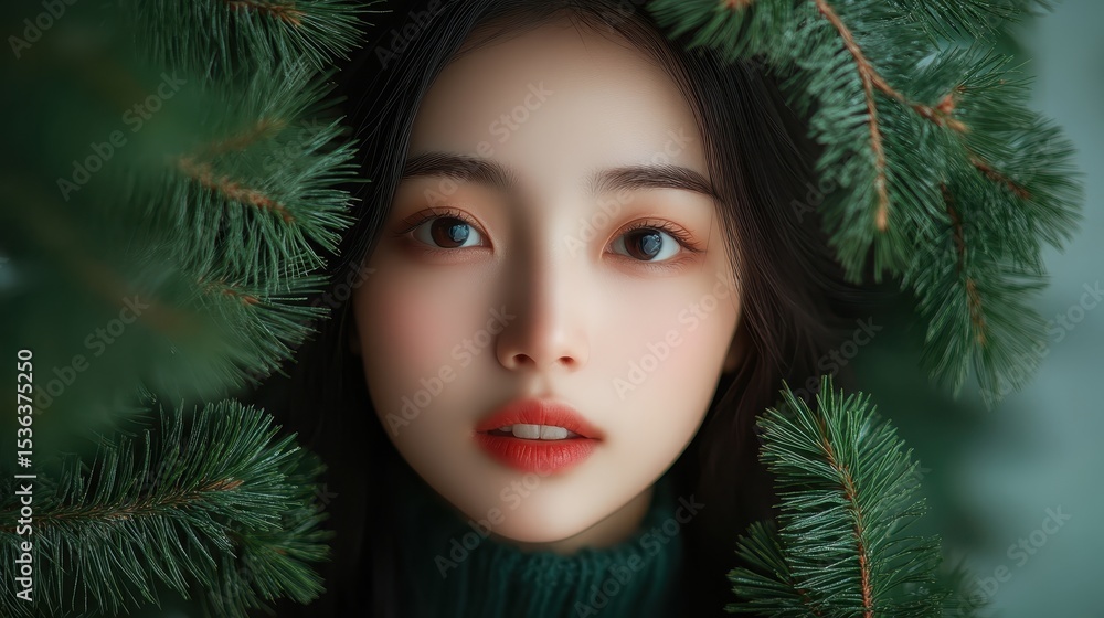Asian woman framed with evergreen branches, closeup portrait. Ideal for winter, holiday, or beauty themed projects. Asian woman framed with evergreen branches, closeup portrait. Ideal for winter, holiday, or beauty themed projects.