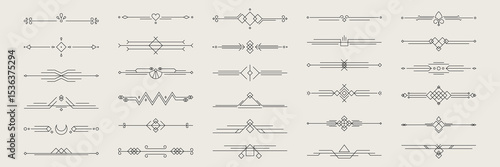 Decorative line divider set - geometric ornamental borders with diamonds, hearts, arrows and abstract shapes. Vintage deco separators for text, invitations, certificates and elegant design elements.