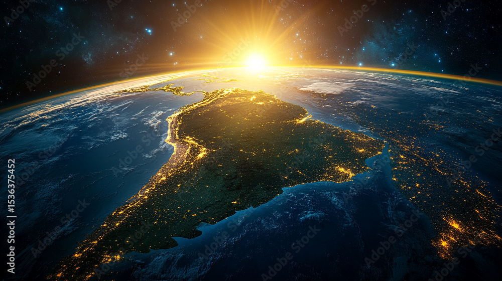 Fototapeta premium South America viewed from space at sunrise, with glowing city lights and vast green forests. Sunrise highlights continent features, showcasing natural beauty and human presence on a global scale.