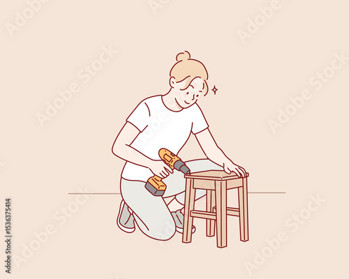 Skilled Woman Assembling Wooden Chair with Power Drill. Hand drawn style vector design illustrations.
