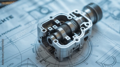 Close up of a metal mechanical part on a blueprint with technical drawings and annotations