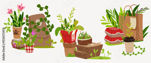 Eco takeaway paper package collection with growing plants - sustainable food containers, coffee cups and bags sprouting greenery. Zero waste restaurant packaging concept with recycled boxes.