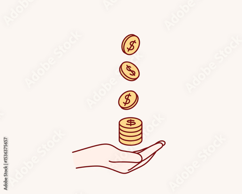 Gold Coins Falling into a Hand Holding Change. Hand drawn style vector design illustrations.