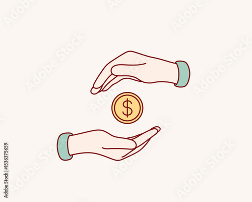 Financial transaction in business – hands with a dollar coin, money exchange, investment, payment or donation. VectorHand drawn style vector design illustrations.