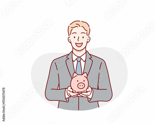 Smart Office Worker Holding a Piggy Bank. Hand drawn style vector design illustrations.