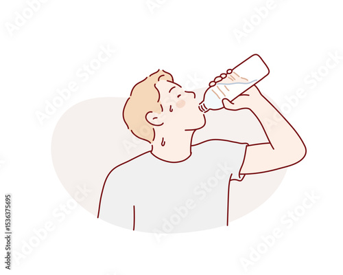 Overheated Man Drinking Bottled Water in the Heat. Hand drawn style vector design illustrations.