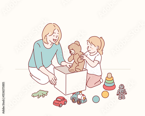 Mom and Child Clean Up Toys. Hand drawn style vector design illustrations.