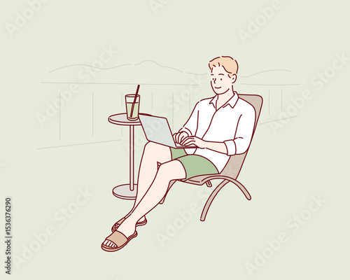 Digital Nomad Working on Terrace. Hand drawn style vector design illustrations.