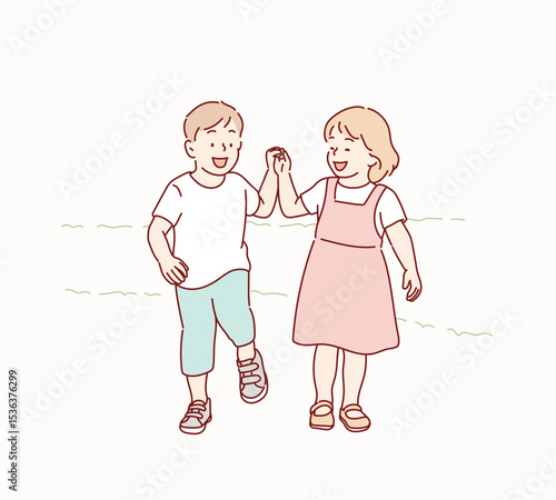 Happy Children Playing Together in Nature. Hand drawn style vector design illustrations.