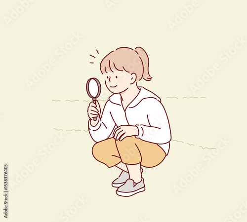Curious Child Exploring Nature with Magnifying Glass. Hand drawn style vector design illustrations.