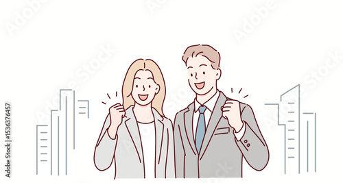 Business Man and Woman in Suits with Fist Pump. Hand drawn style vector design illustrations.