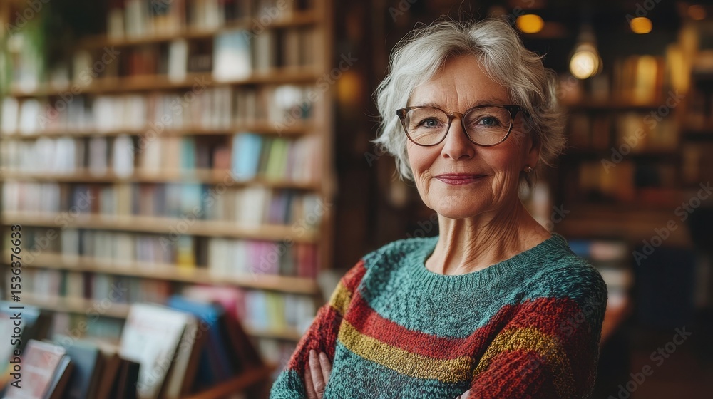 A warm portrait of a senior woman in her sixties, wearing a colorful sweater, smiling confidently in a cozy library filled with books. Perfect for health or lifestyle themes. A warm portrait of a senior woman in her sixties, wearing a colorful sweater, smiling confidently in a cozy library filled with books. Perfect for health or lifestyle themes.