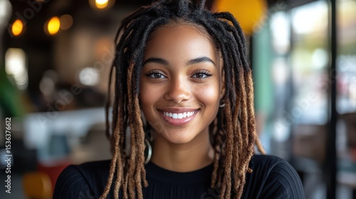 Smiling young Black woman with dreadlocks in black shirt, indoors. Ideal for portraying confident, successful, and diverse individuals.