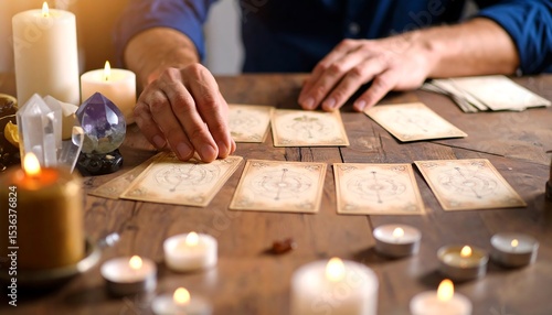 Mystics Hand Arranging Tarot Cards with Lit by Candles, Wooden Table, and Close Up.