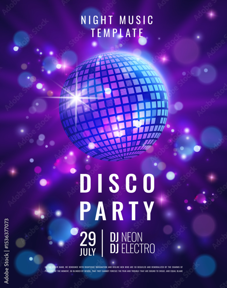 Obraz Disco ball. Party background. Dance poster design. Night music template. Discotheque vintage invitation. Neon light star. Retro blue card. Sparkling mirror sphere. Nightclub DJ event vector art banner