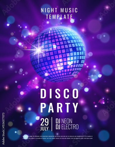 Disco ball. Party background. Dance poster design. Night music template. Discotheque vintage invitation. Neon light star. Retro blue card. Sparkling mirror sphere. Nightclub DJ event vector art banner