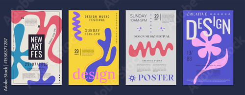 Modern geometric poster. Typographic template with abstract simple shapes. Brutalist exhibition art. Minimalist lines. Doodle flat form. Funny font phrase. Graphic design for print. Vector banners set