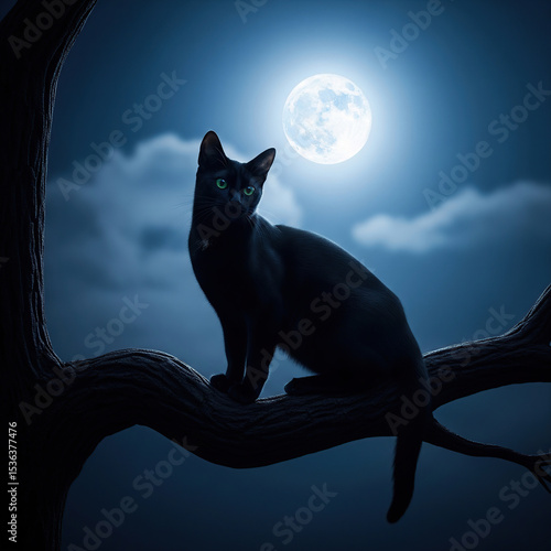Mystical Black Cat Perched Under a Glowing Full Moon