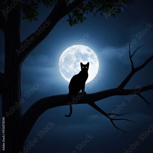 Cinematic Black Cat Illustration with Moonlight and Clouds