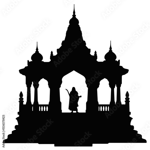 Silhouette of a temple with ritual elements, sacred symbolism