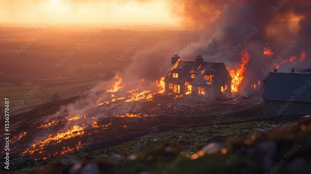 Fototapeta premium Burning house on a hill at sunset