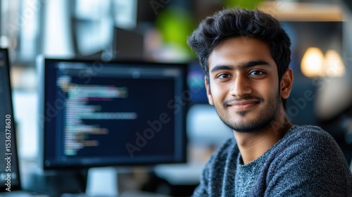 A young Indian male software developer smiles while working at his desk in a modern office. The setting showcases a focus on technology and creativity in the workspace.