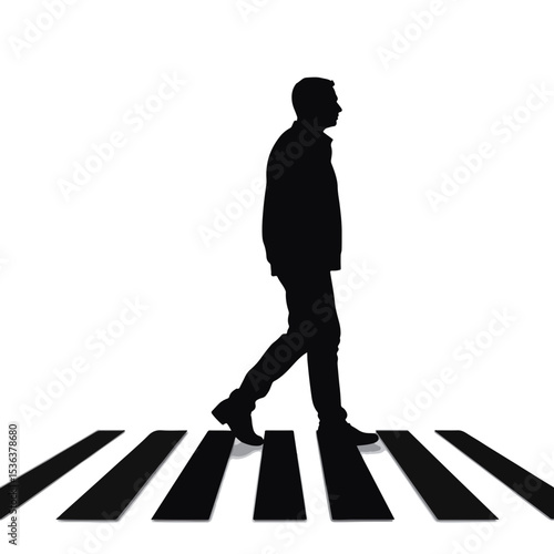 Silhouette of a pedestrian crossing on white background, urban symbolism