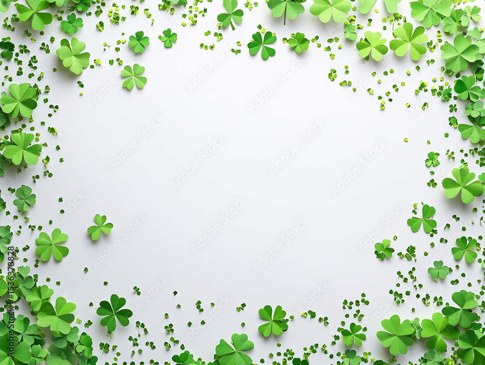 A top-down view of a white background framed by various shades of green four-leaf and three-leaf clovers, made from paper. A top-down view of a white background framed by various shades of green four-leaf and three-leaf clovers, made from paper.