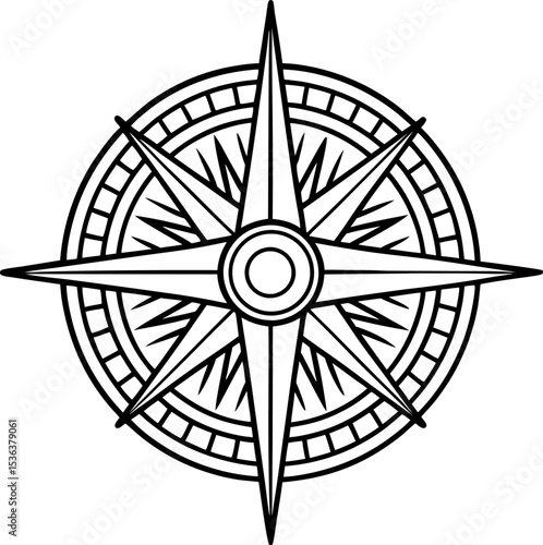 Black and white compass rose illustration nautical navigation symbol with geometric direction points, maritime  icon design