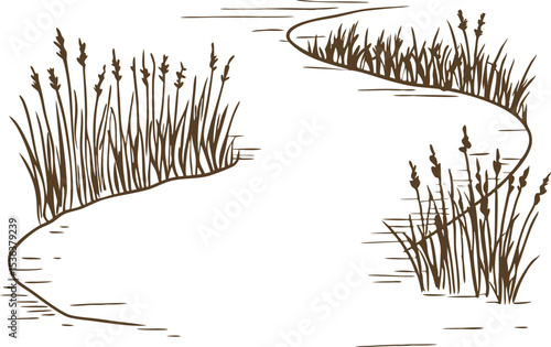 Winding riverbank with tall grass and reeds natural waterway, hand drawn sketch, landscape illustration
