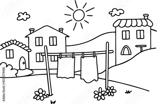 Sunny rural landscape with two towels hanging on a clothesline between quaint houses and blooming flowers