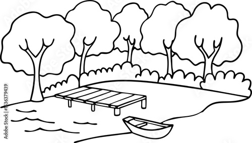 Wooden dock and rowboat on calm riverbank with trees and bushes, peaceful nature landscape, black and white outline
