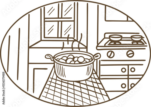Cooking in cozy kitchen boiling soup pot on table with window view, home interior and stove illustration