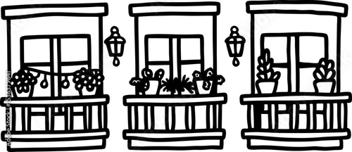 Three hand drawn balconies with potted plants and lanterns urban city windows, line art illustration, home decor
