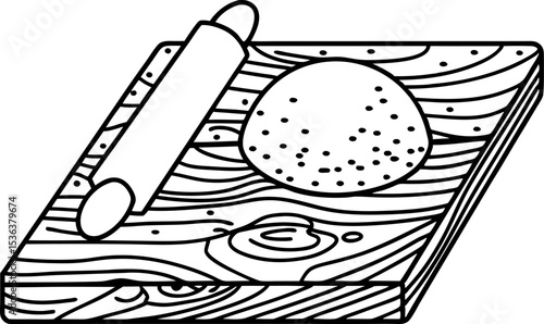 Rolling pin and dough on wooden board baking preparation, flour, pastry making, simple kitchen line art