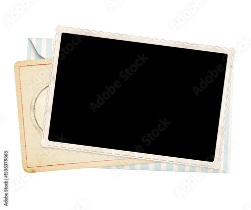 Retro photoframe and vintage envelope. Old card and blank photo. Isolated on white. Nostalgic scrapbooking mockup template - is perfect way to express creativity and evoke a sense of warm memories