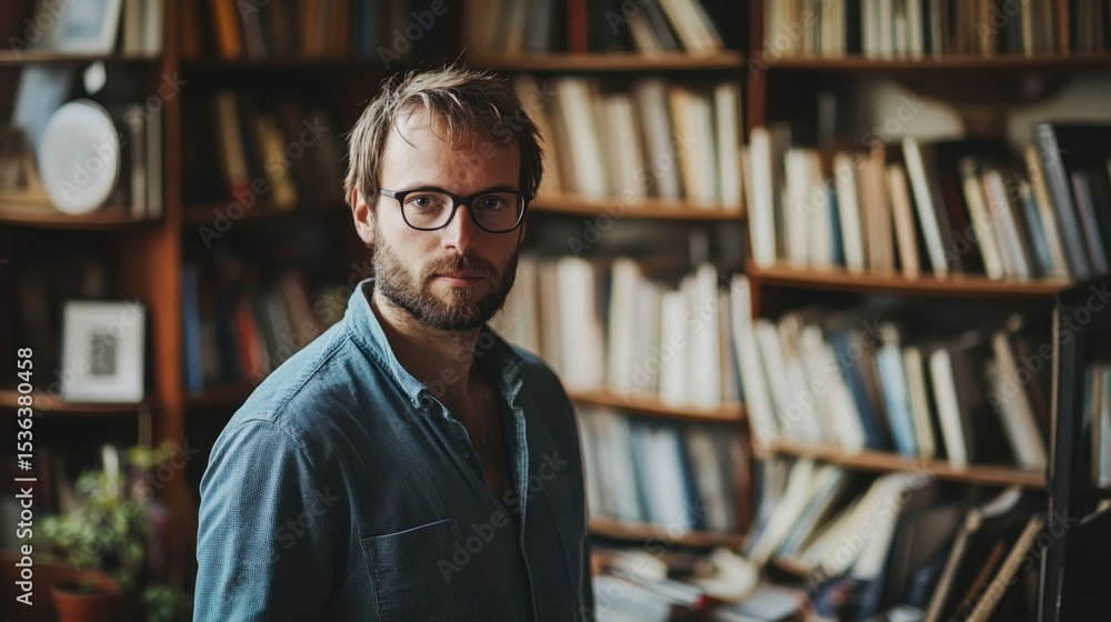 A young European author stands thoughtfully in a cozy library surrounded by books. The warm atmosphere captures a love for literature and knowledge. A young European author stands thoughtfully in a cozy library surrounded by books. The warm atmosphere captures a love for literature and knowledge.