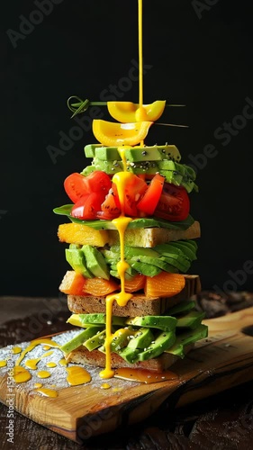 Healthy vegan burger with layered vegetables and colorful healthy vegan burger stacked on plate with fresh healthy vegan burger nutrition,vegan stack, veggie burger, plant power