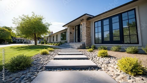Wallpaper Mural Modern house exterior with large windows, stone pathway, landscaped yard, green grass, and sunlight creating welcoming atmosphere contemporary architecture with clean lines, minimalist landscaping Torontodigital.ca