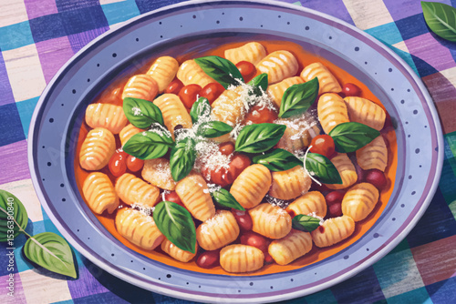 Italian gnocchi served in rich tomato basil sauce, topped with grated parmesan cheese. Traditional homemade pasta dish full of Mediterranean flavor