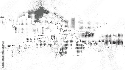 Abstract grayscale texture with varied dot patterns and grunge elements scattered across a white background featuring dark gray and black speckled areas creating a distressed effect