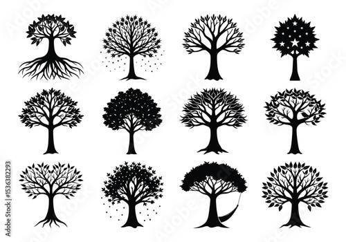 Collection of Black and White Silhouettes of Various Vector Trees on white background 