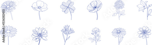 Delicate Hand-Drawn Flower Illustrations – Minimal Blue Floral Line Art for Elegant Design Projects, Nature-Themed  Wedding Stationery, and Botanical Clipart Collections