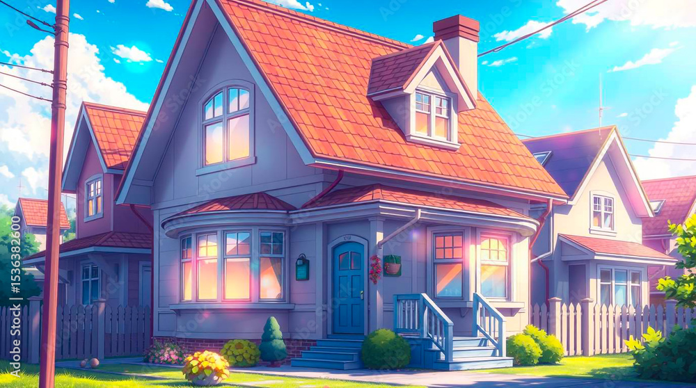 Fototapeta premium Anime-style illustration of an adorable, charming house in a quiet residential area, with warm colors, cozy details, and a peaceful suburban atmosphere, digital art