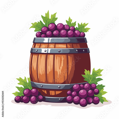 Vintage wooden wine barrel with grapes on white background, winemaking